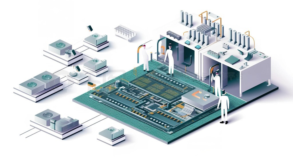 半導體芯片生產制造工廠的插畫設計元素與集成電路設計
